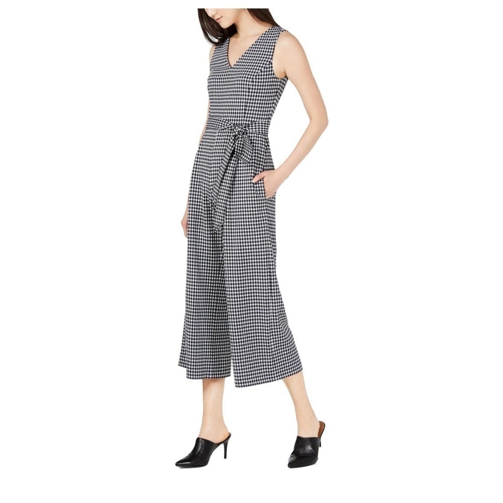 Calvin Klein Sleeveless Black & White Pants Belted Gingham Jumpsuit Size 8